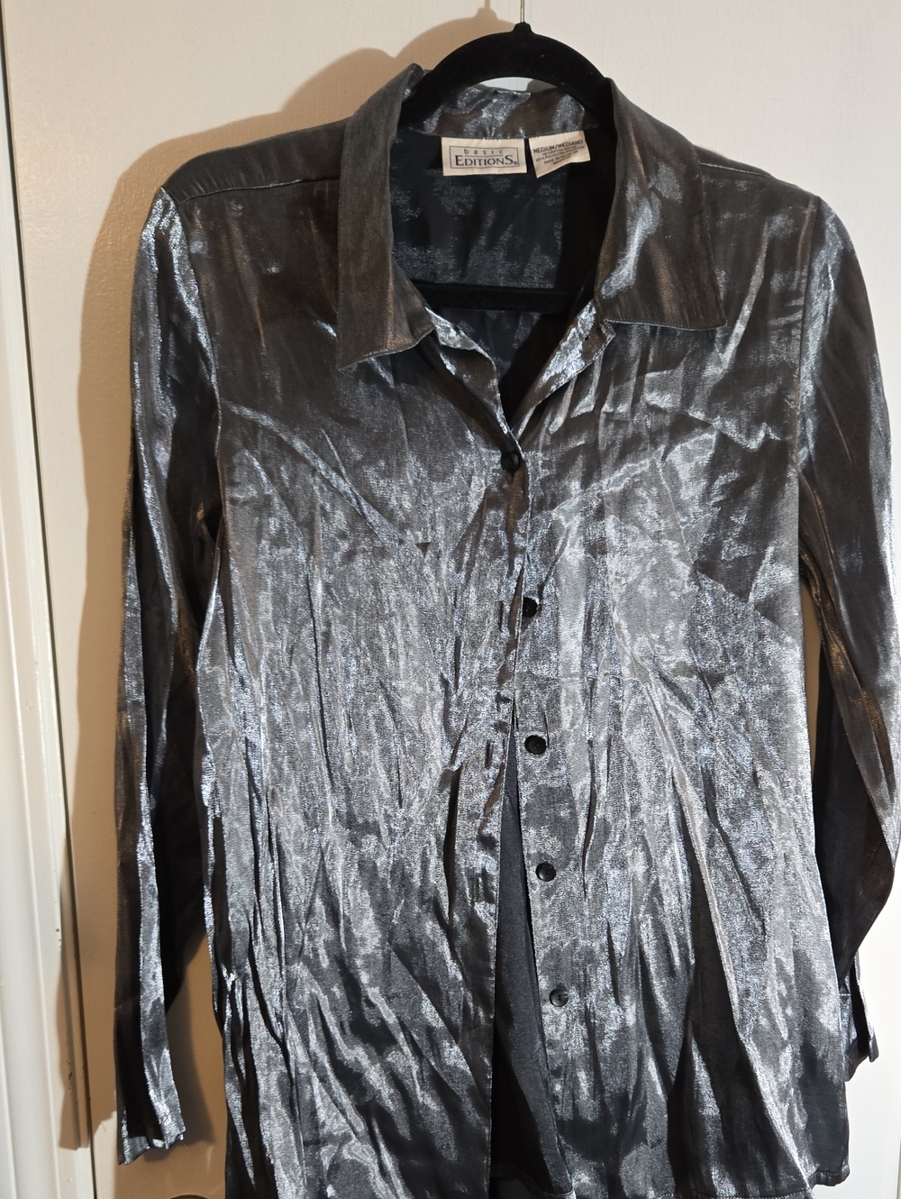 Basic Editions Shiny Silver Button-Up Top